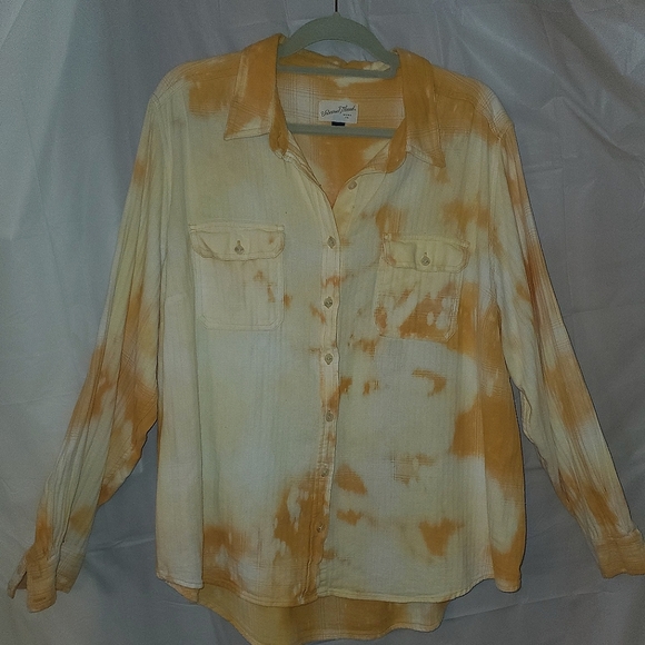 Upcycled Bleached Flannel with Giant Teal Blue  Black Peace Sign on back size 2X - Picture 2 of 4